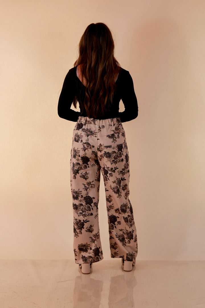 Just My Type Floral Print Wide Leg Barrel Jeans with Drawstring Waist in Beige