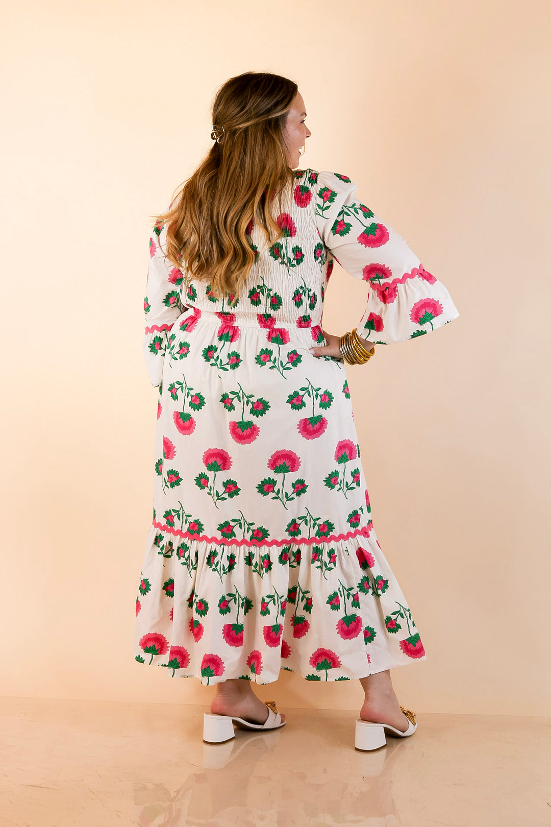 Mud Pie | Petal Parade Smocked Floral Print Tiered Midi Dress with Scallop Trim in Cream Multi
