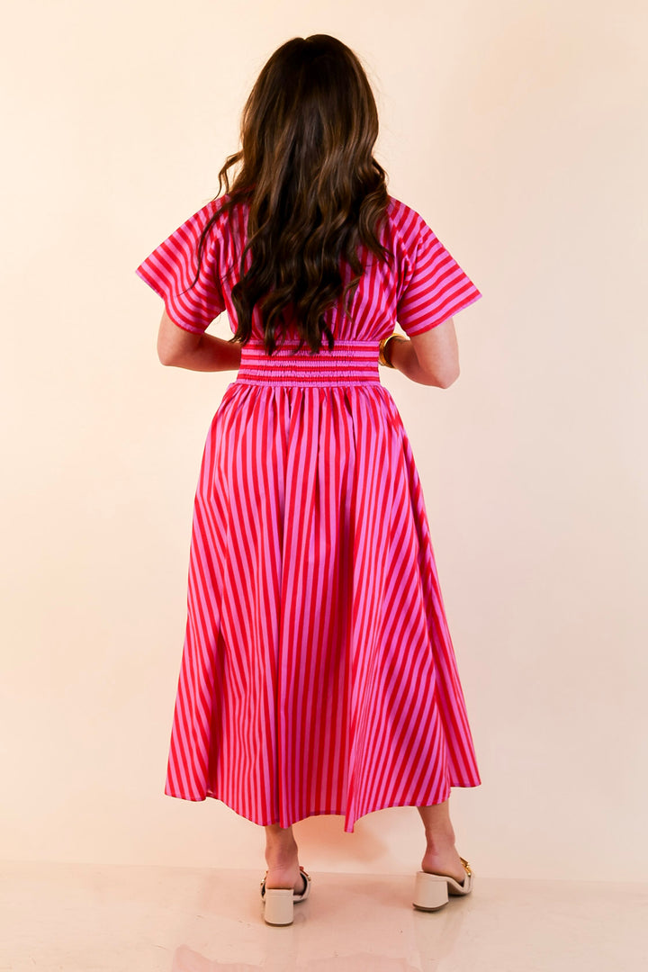 Modern Charm Zip Front Midi Striped Print Dress with Smocked Waist and Short Sleeves in Pink and Red