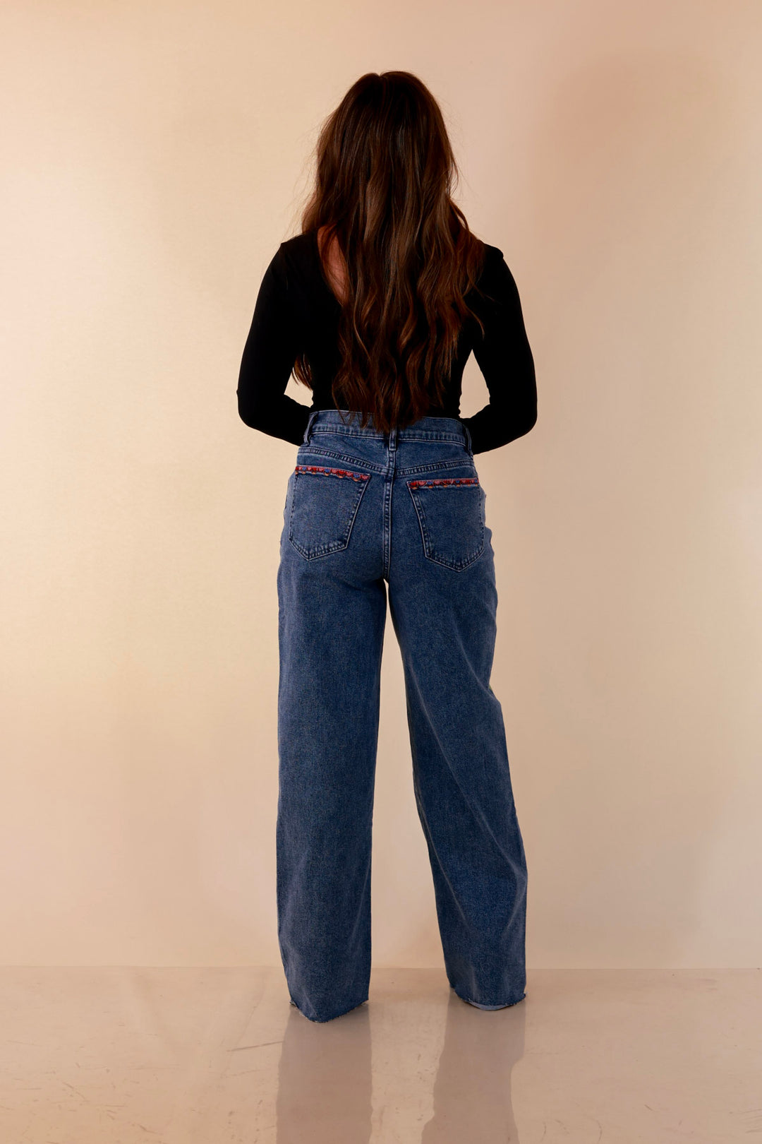 Artfully Yours Straight Leg Raw Hem Embroidered Denim Jeans in Medium Wash