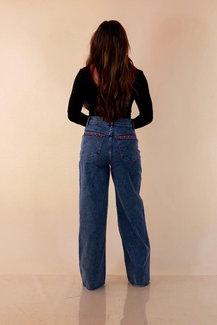Artfully Yours Straight Leg Raw Hem Embroidered Denim Jeans in Medium Wash