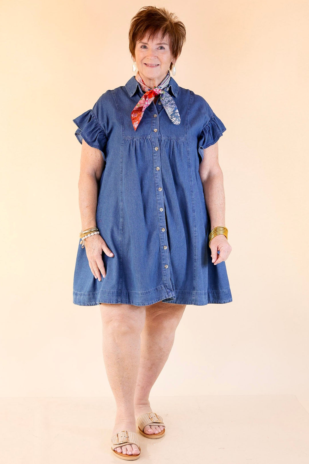 Denim Darling A-Line Button-Up Dress With Ruffle Sleeves and Collar in Classic Blue