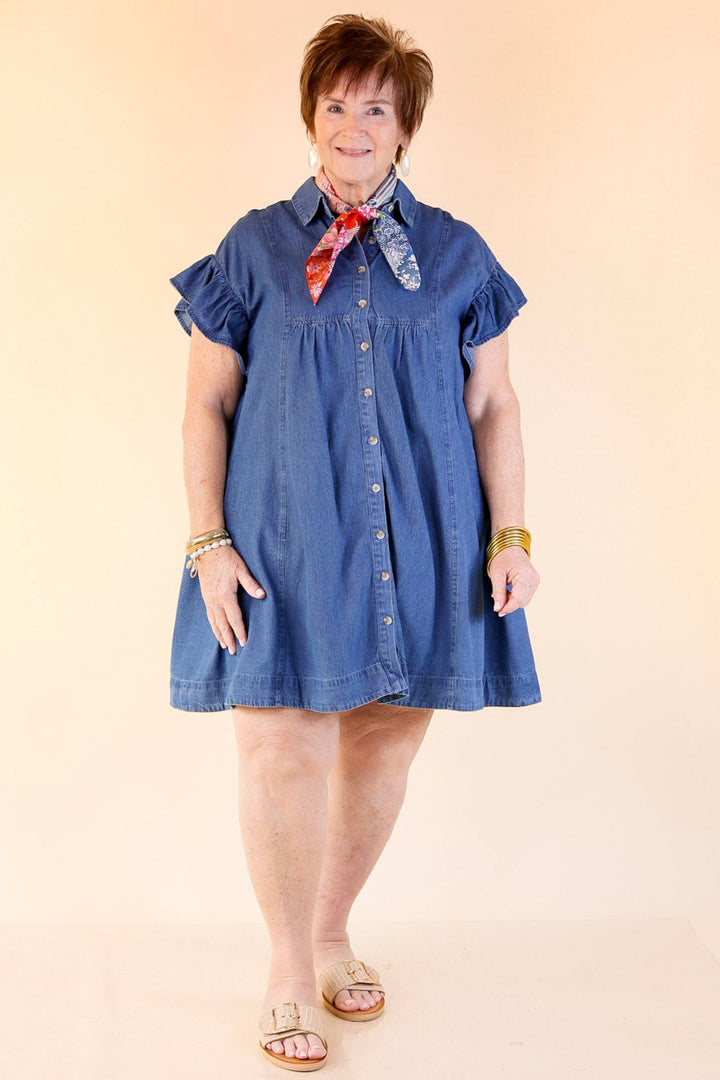 Denim Darling A-Line Button-Up Dress With Ruffle Sleeves and Collar in Classic Blue
