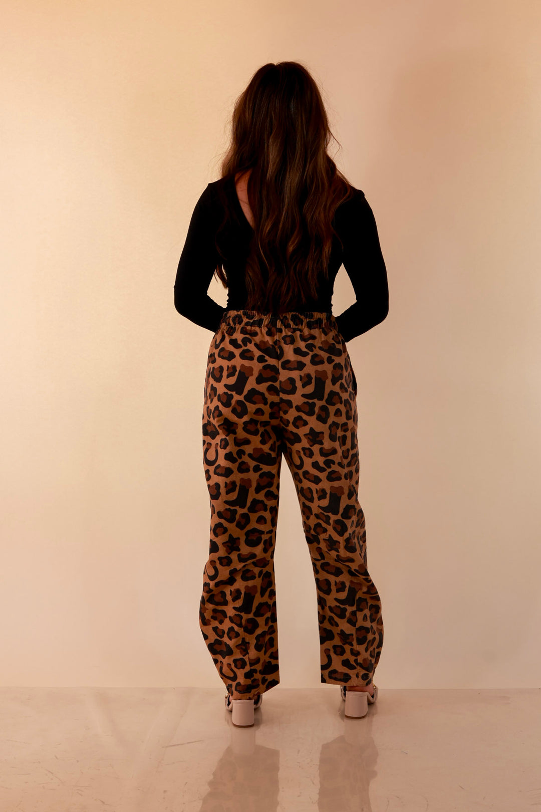 Modern Drama Leopard Print Wide Leg Barrel Jeans with Elastic Drawstring Waist in Camel Brown