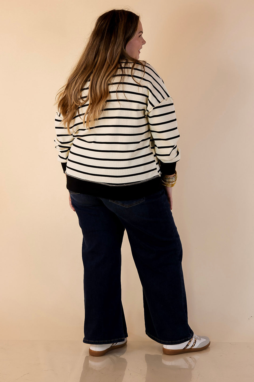 Casual Edge Long Sleeve Striped Henley Knit Top with Dropped Shoulders in Ivory with Black Stripes