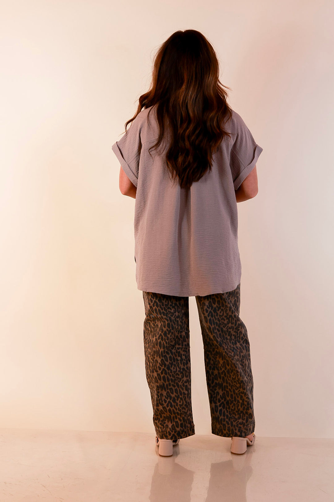 Timeless Appeal Woven Airflow Button Front Top with Rolled Cuff Short Sleeves and Front Pocket in Light Mocha Brown