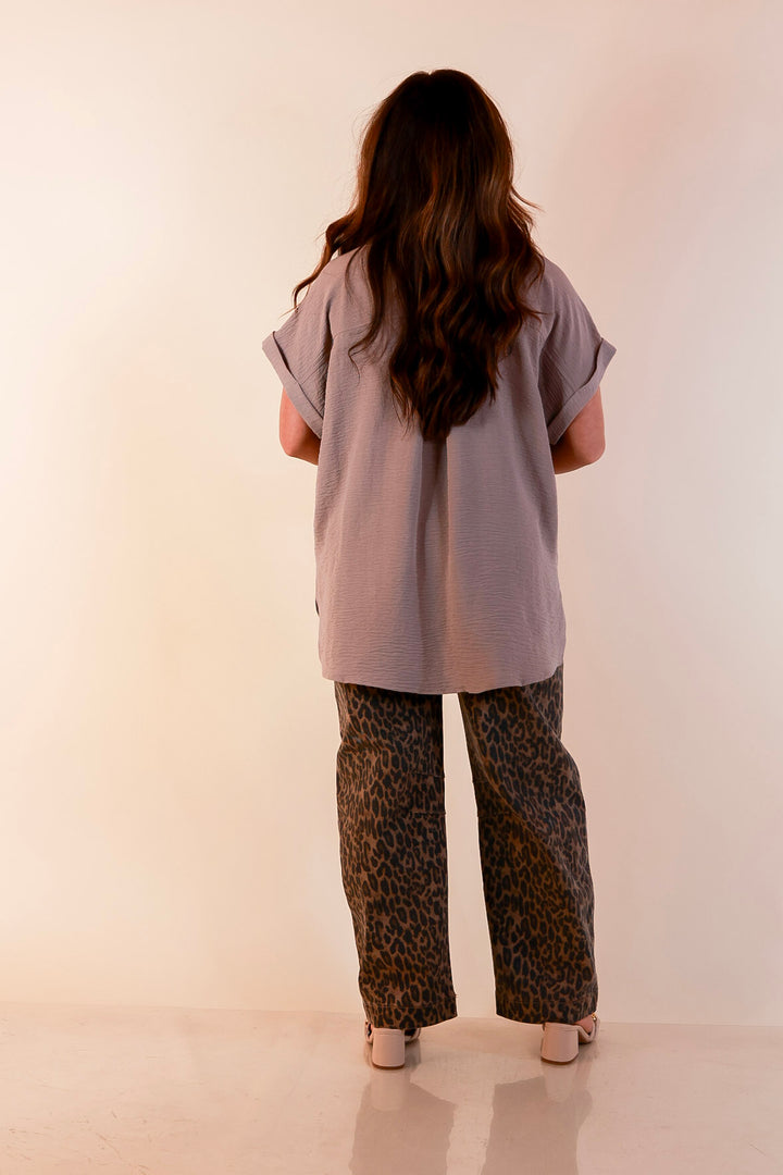 Timeless Appeal Woven Airflow Button Front Top with Rolled Cuff Short Sleeves and Front Pocket in Light Mocha Brown