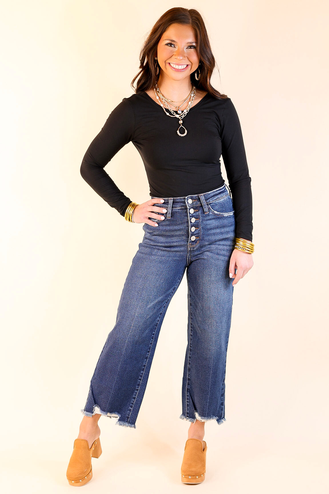 Judy Blue | Lead the Way High Waisted Button Fly Cropped Wide Leg Jean with Destroy Hem in Medium Wash