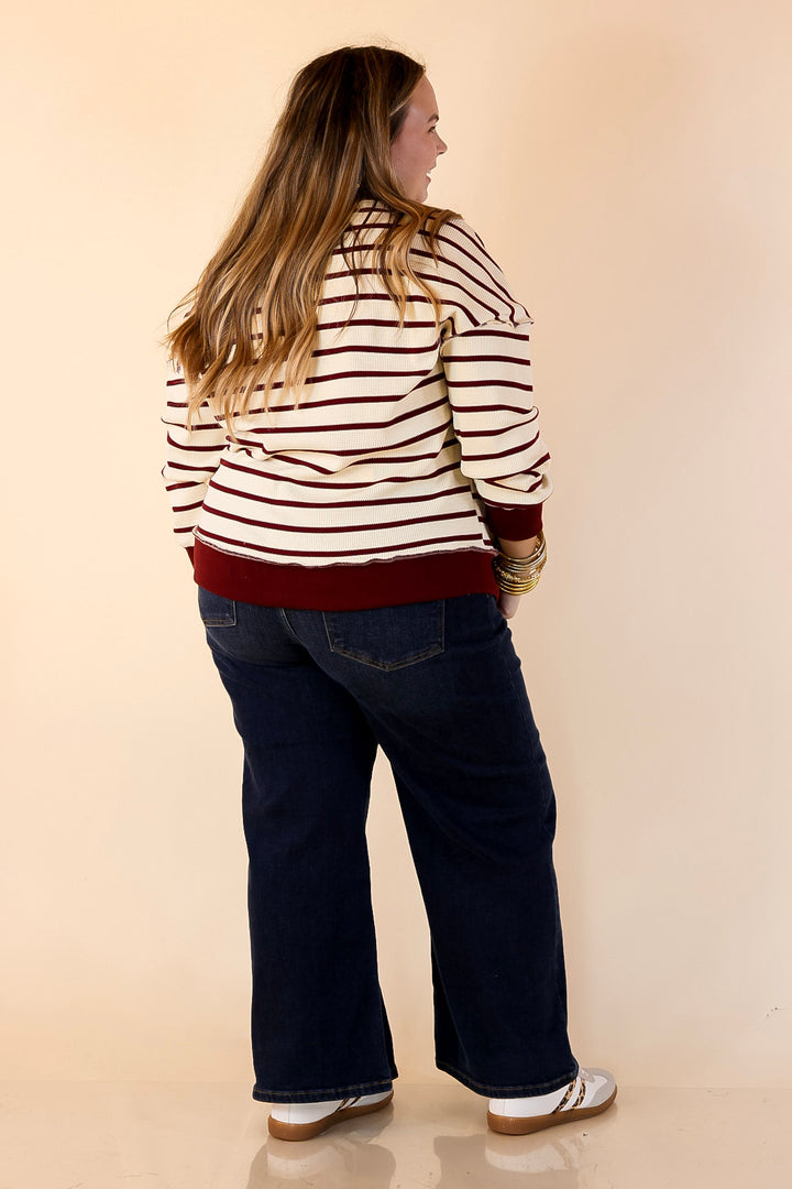 Casual Edge Long Sleeve Striped Henley Knit Top with Dropped Shoulders in Ivory with Maroon Stripes