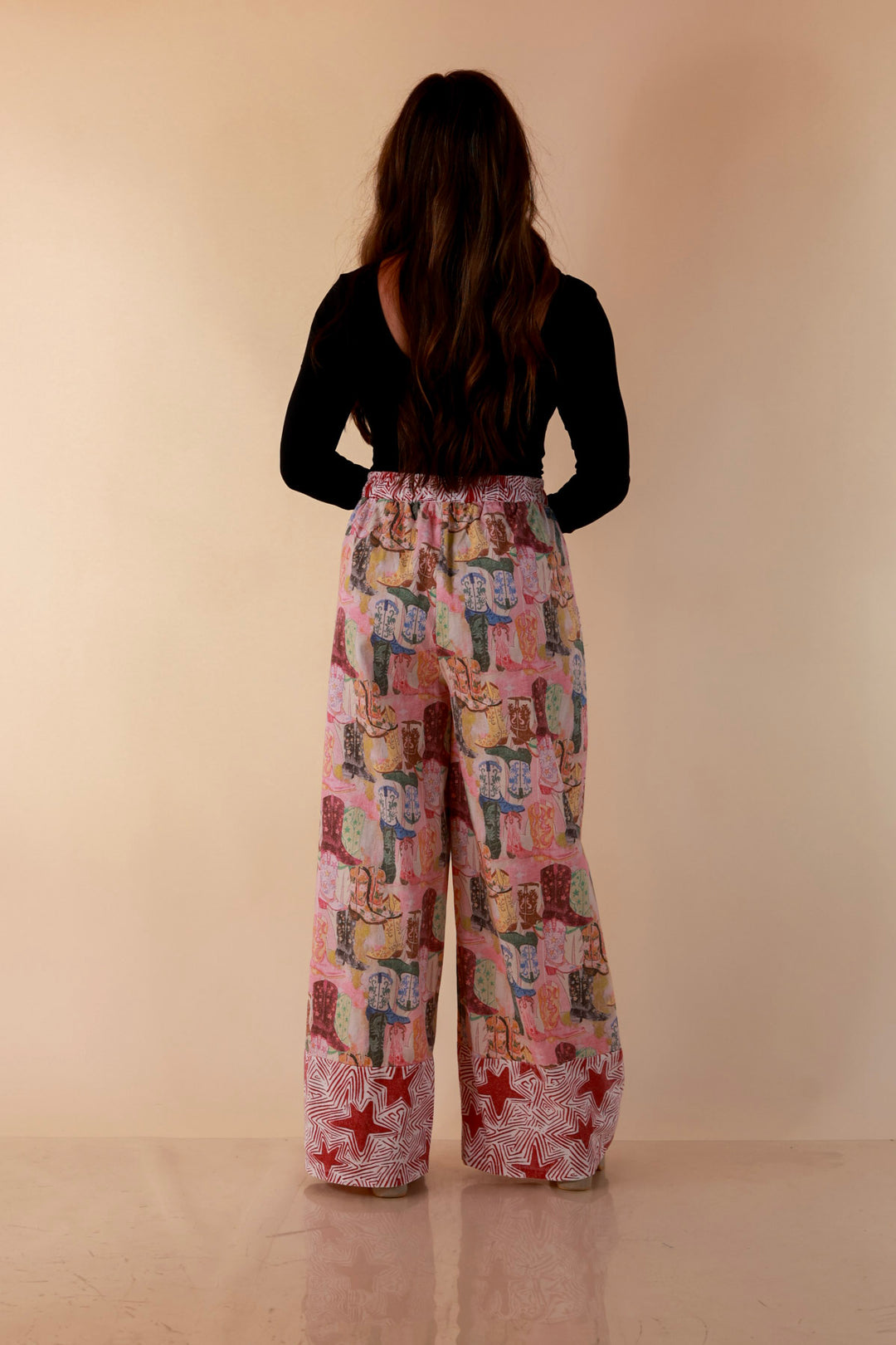 Pairs Well with Others Boots and Stars Mixed Print Drawstring Pants with Elastic Waistband in Red Mix