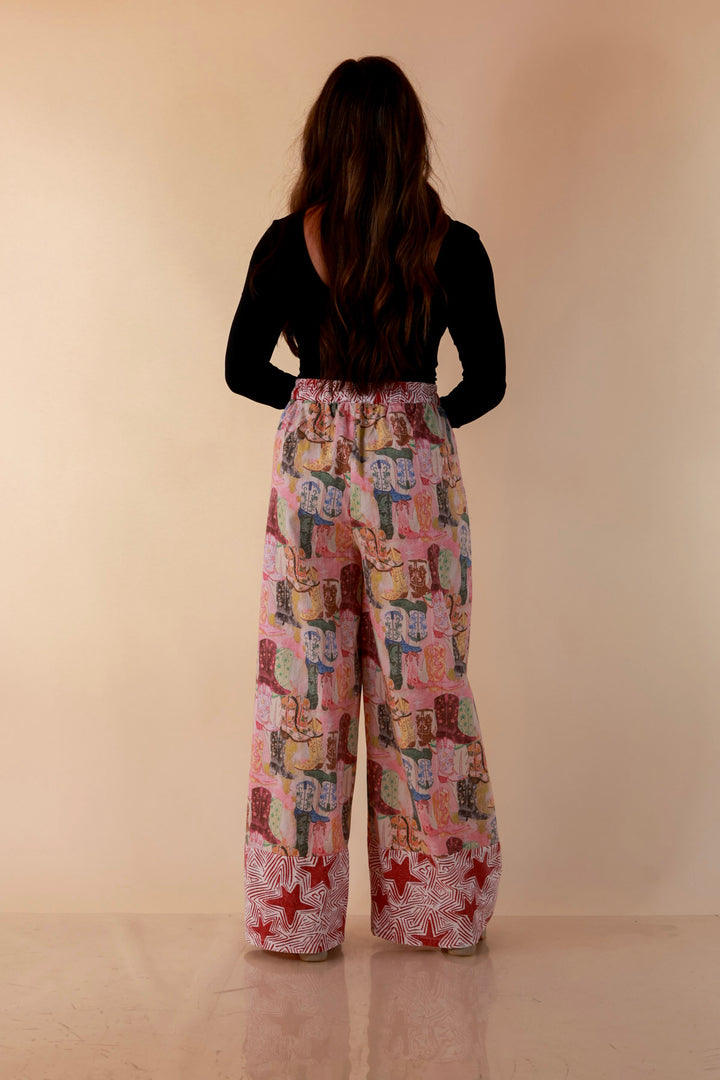 Pairs Well with Others Boots and Stars Mixed Print Drawstring Pants with Elastic Waistband in Red Mix