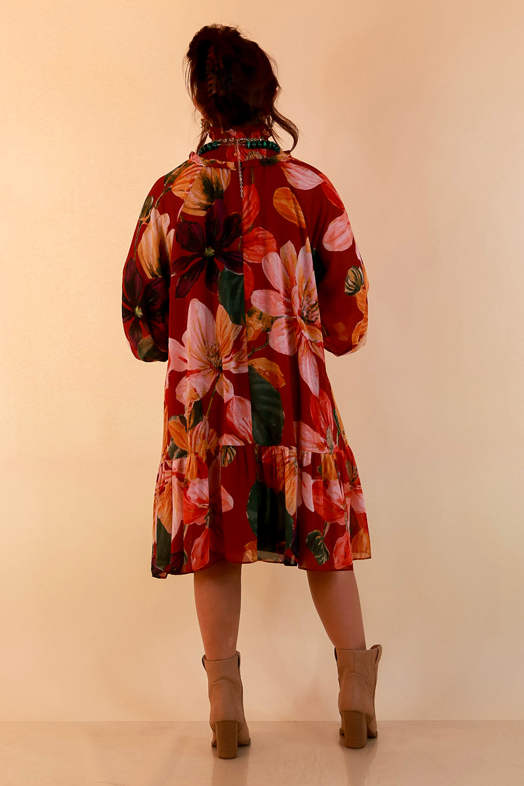 Autumn Romance Ruffle Neck Long Sleeve Floral Peplum Dress in Rust Red Multi