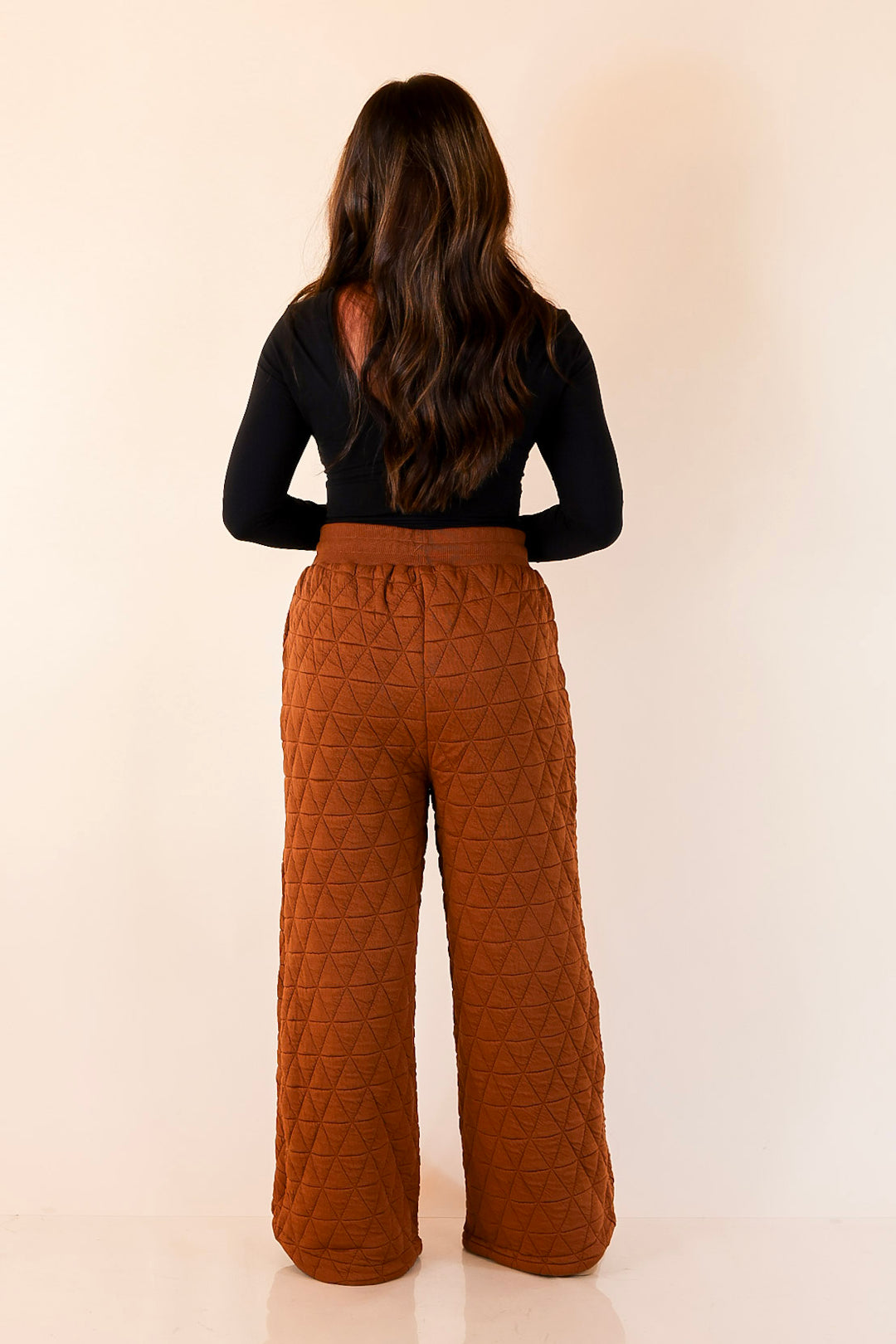 Everyday Elevated Quilted Wide Leg Drawstring Pants with Elastic Waistband in Rust Brown