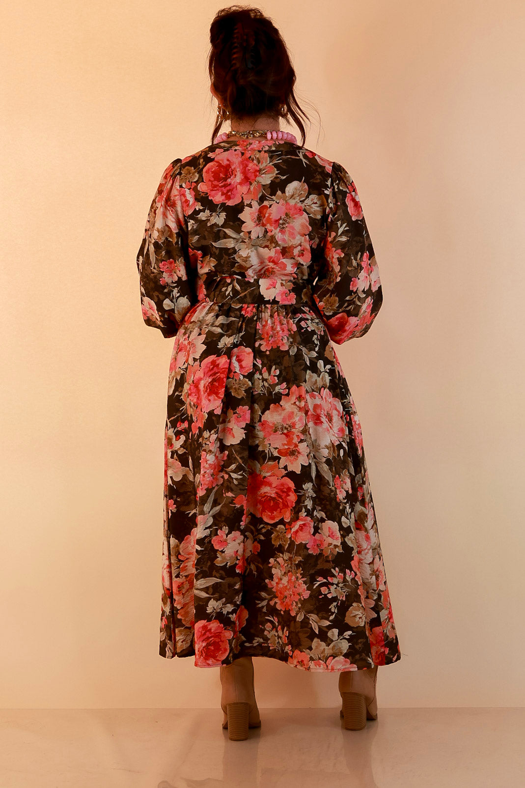 Written in the Roses Long Sleeve Floral Button Front Belted Midi Dress in Olive Green Multi