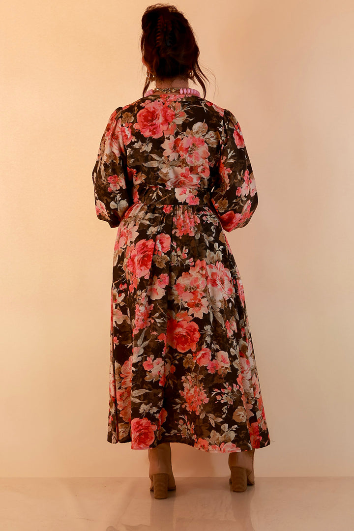 Written in the Roses Long Sleeve Floral Button Front Belted Midi Dress in Olive Green Multi