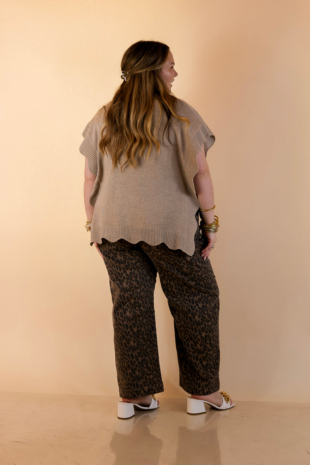 Mud Pie | Sweet Simplicity Scalloped Edge Side Tie Knit One Sized Poncho Sweater in Tan