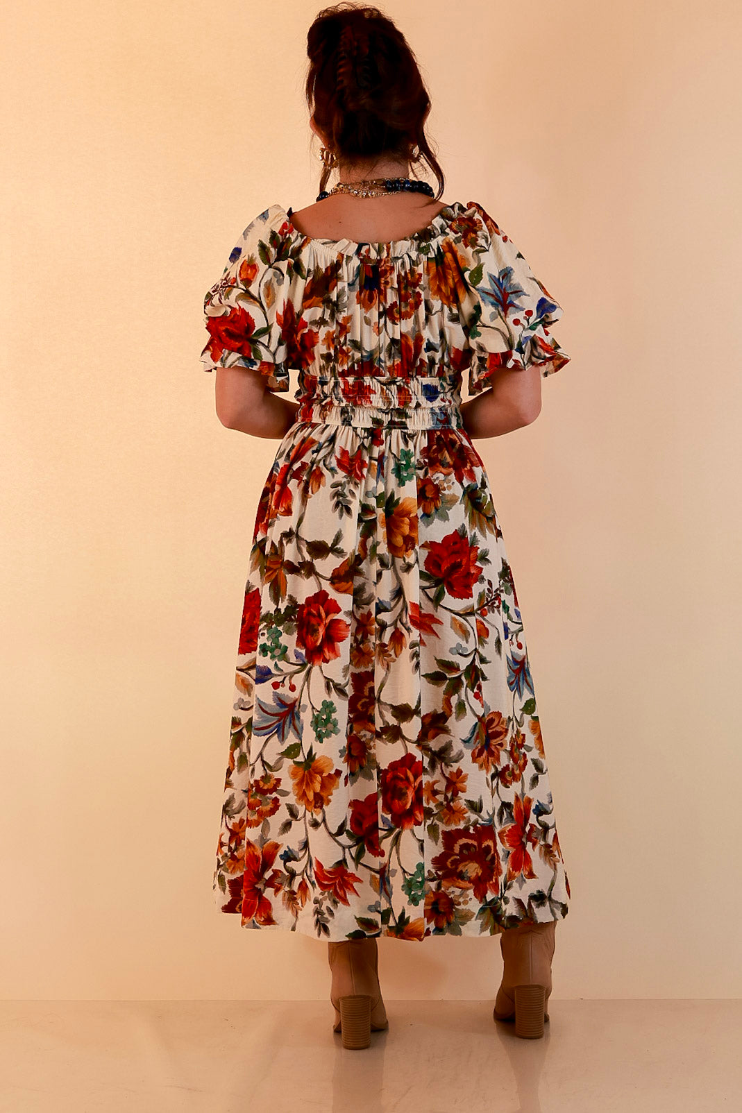 Autumn in the Air Puff Sleeve Smocked Waist Floral Print Tiered Midi Dress in Ivory Multi