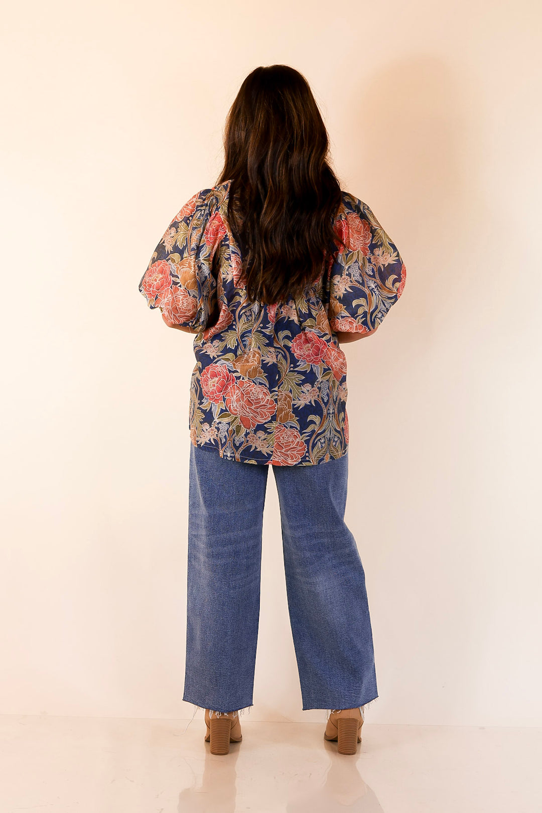 Blooming Days Ahead Floral Print V Neck Blouse with Puff Sleeves and Ruffle Trim Collar in Navy Mix