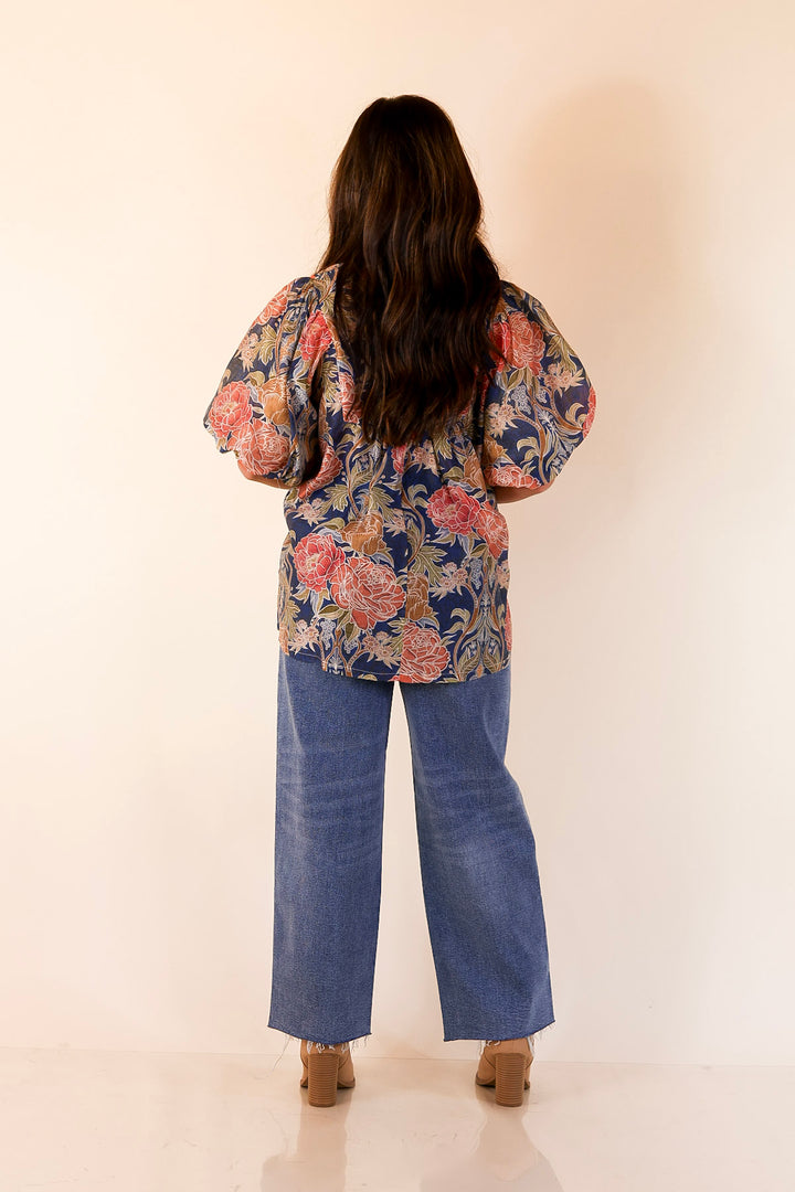 Blooming Days Ahead Floral Print V Neck Blouse with Puff Sleeves and Ruffle Trim Collar in Navy Mix
