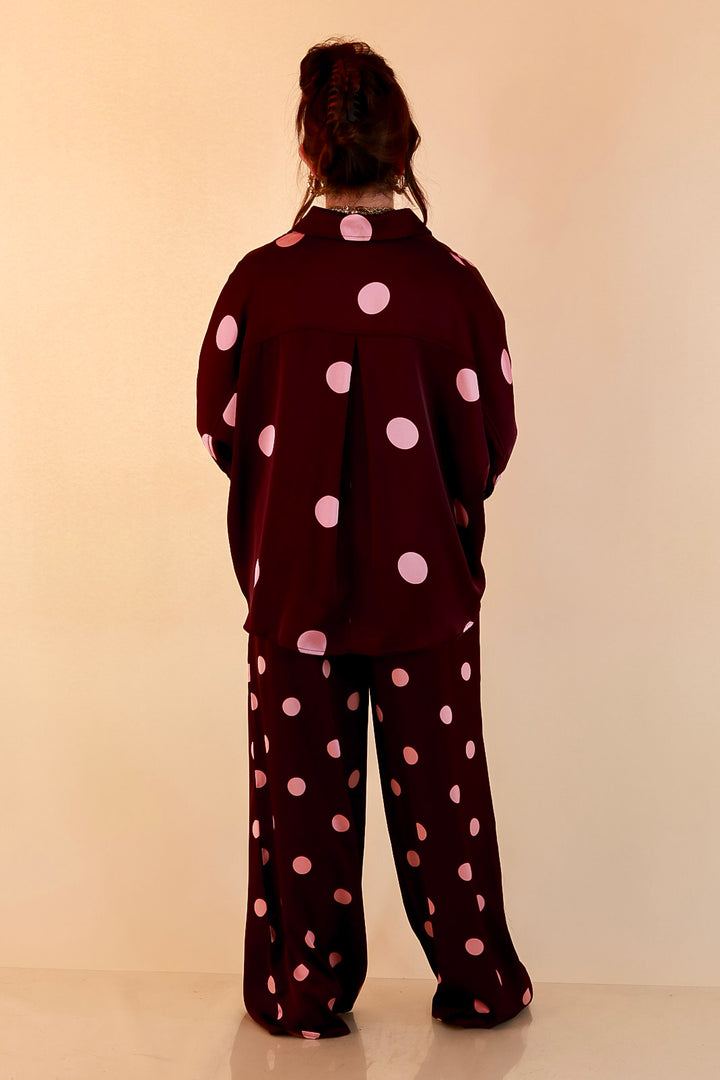 Two of a Kind Full Length Wide Leg Pull-On Drawstring Blush Pink Polka Dot Pants in Maroon