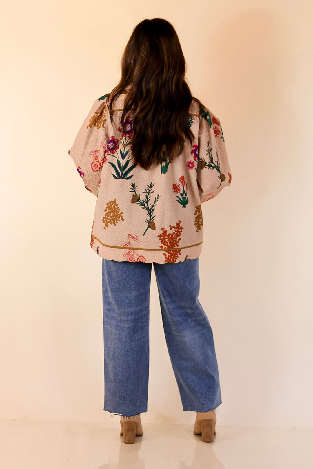 Garden Soirée Floral Print Collared Blouse with Long Balloon Sleeves in Tan