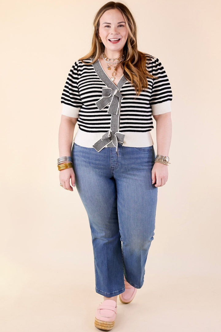 Notice Me Now Short Sleeve V Neck Striped Sweater with Bows in Off White and Black