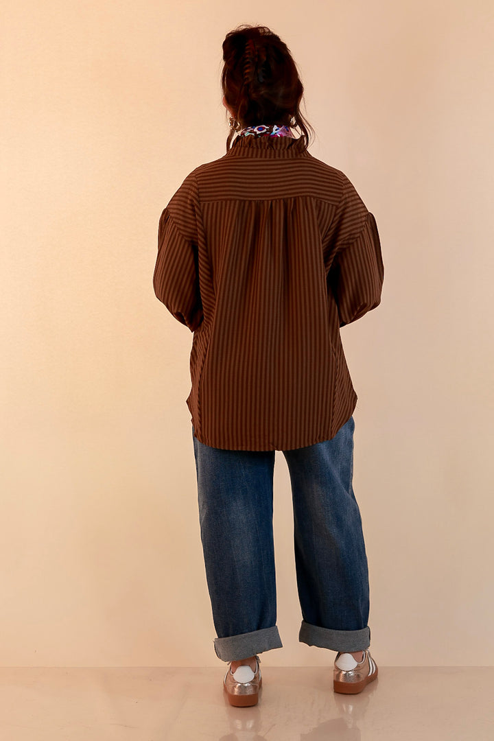 A Fine Line Smocked Ruffle Neck Long Sleeve Striped Button Front Blouse in Chocolate Brown
