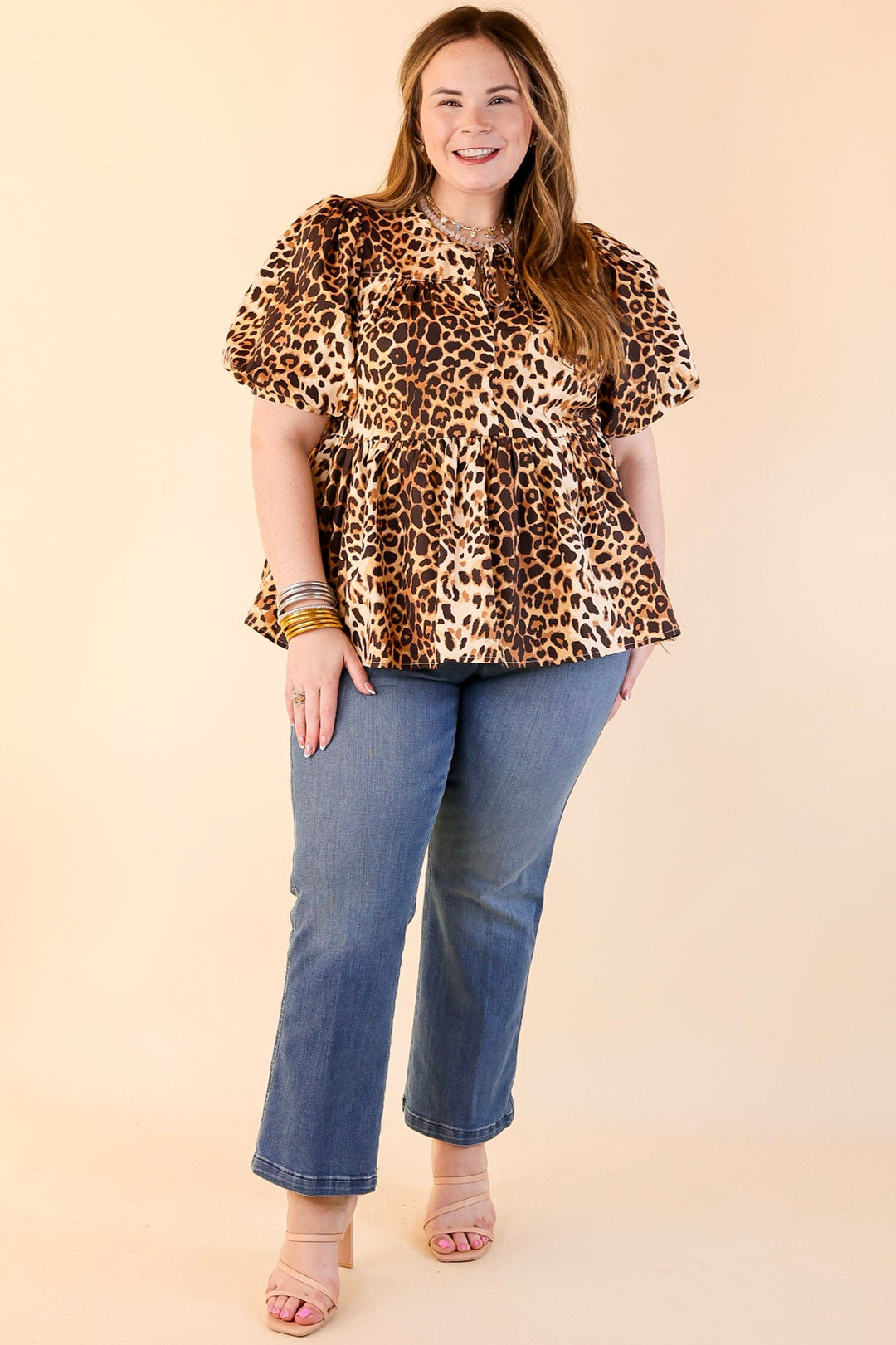 Fierce and Fab Babydoll Top with Short Puff Sleeves in Leopard Print