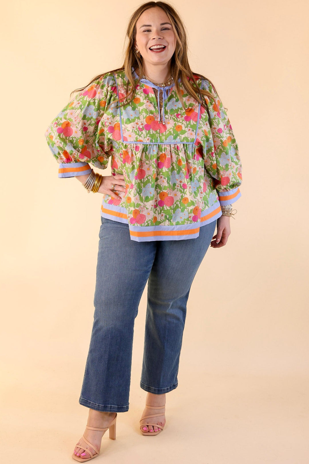 Floral Fantasy Multicolor Floral Print Top with 3/4 Sleeves