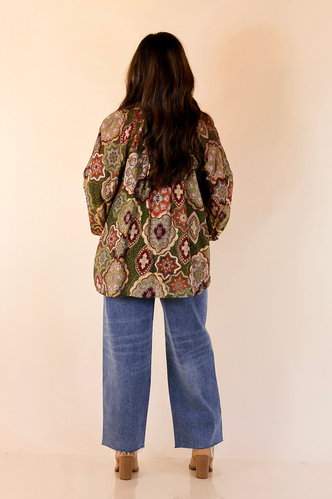 Mosaic Muse Boho Mosaic Print Long Balloon Sleeve Blouse in Olive Green, Maroon and Rust Orange