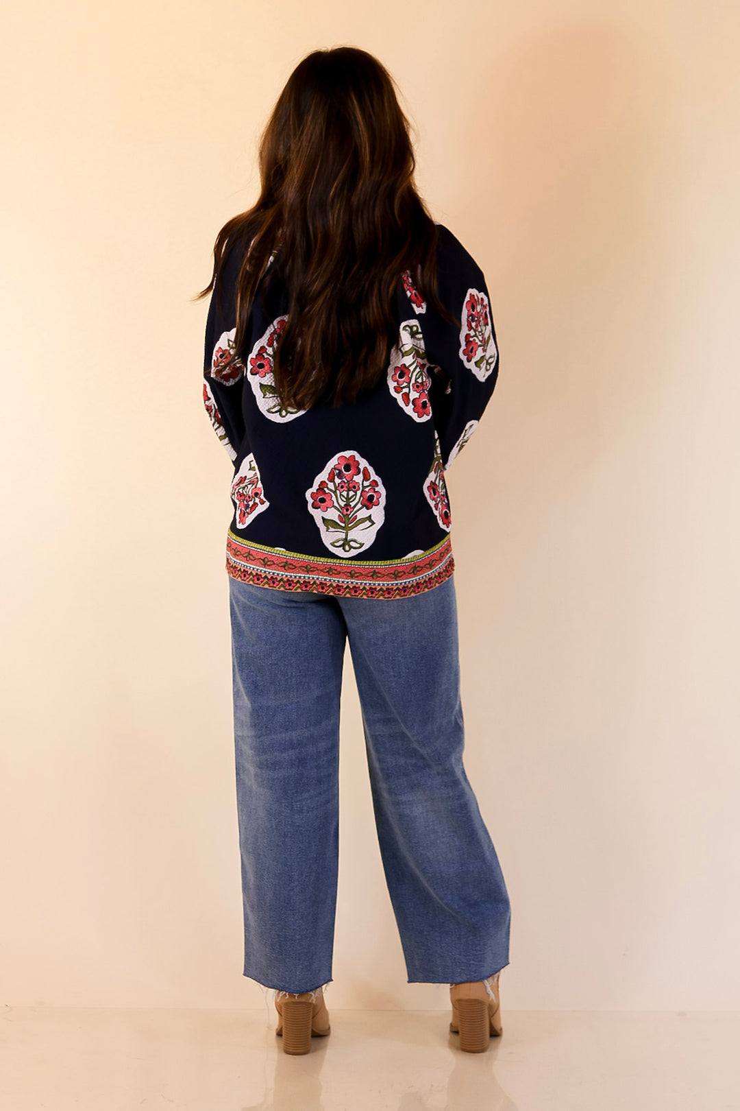 Farmer's Market Flair Floral Print V Neck Blouse with Long Balloon Sleeves in Navy