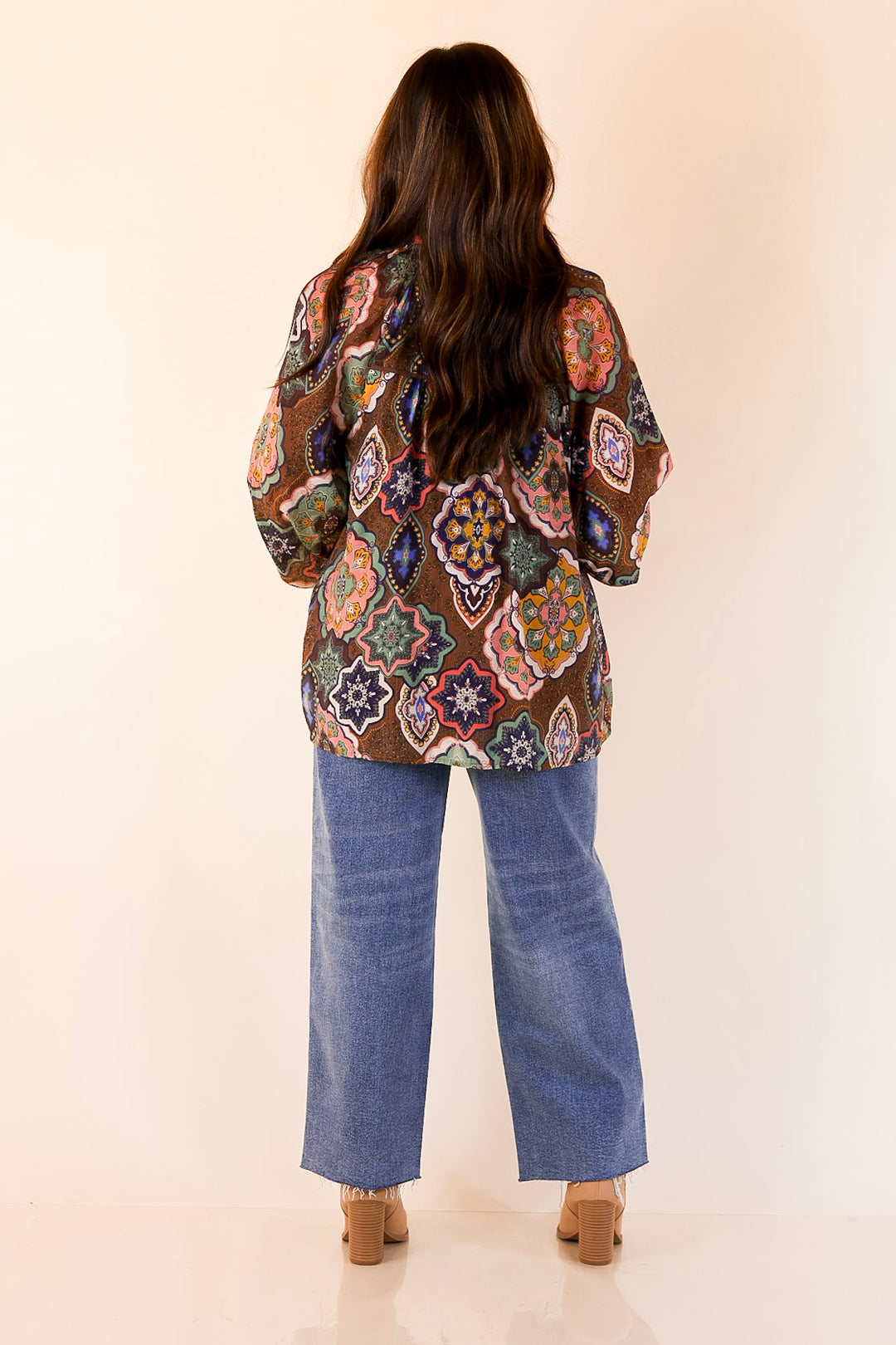 Mosaic Muse Boho Mosaic Print Long Balloon Sleeve Blouse in Brown, Pink, Navy and Cream