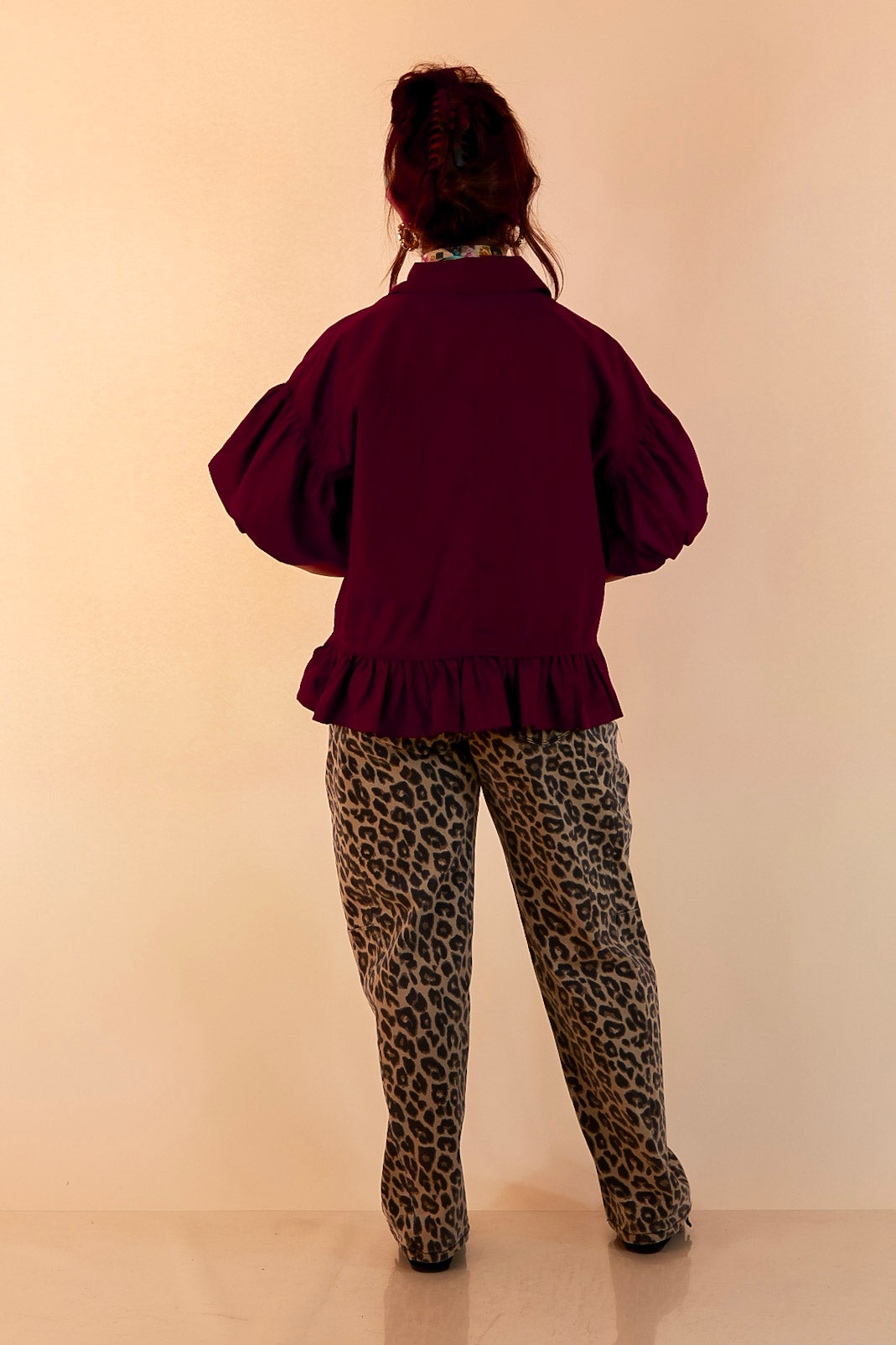 Style in Session Solid Button Down Peplum Bubble Sleeve Top in Maroon