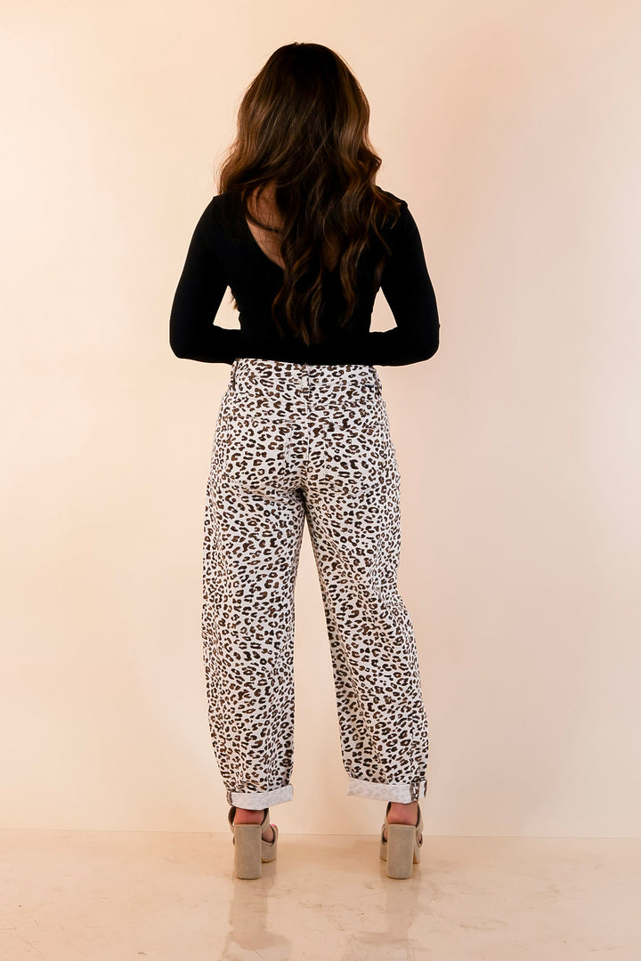 Risen | Wild Intentions Leopard Print Barrel Jeans in Ivory and Brown