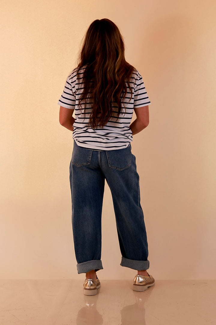 The Daily Stripe Scoop Neck Short Sleeve Striped Tee Top in Navy Blue