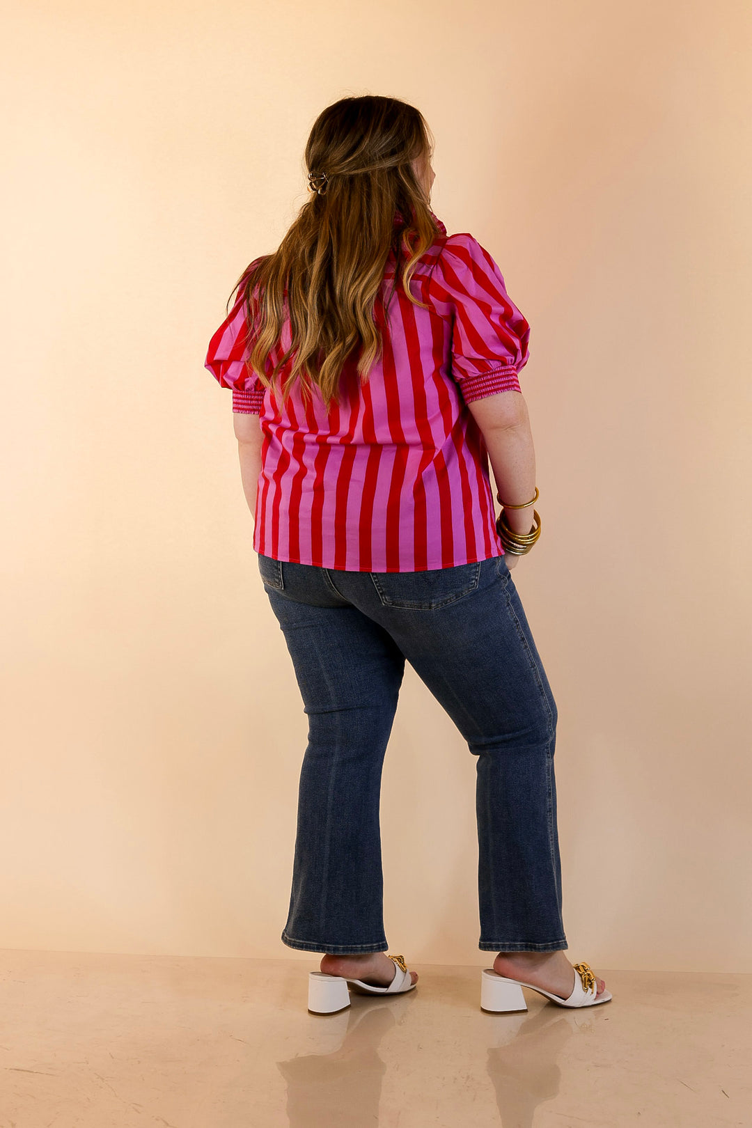 Bold Bliss Button Front Stripe Top with Puff Sleeves and Ruffle Collar in Pink and Red