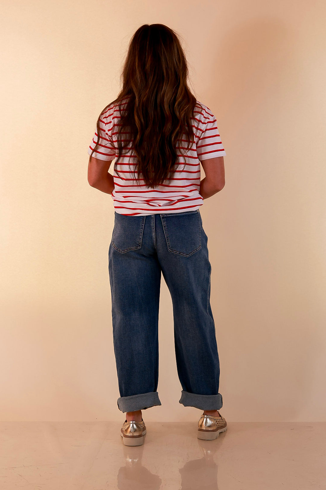 The Daily Stripe Scoop Neck Short Sleeve Striped Tee Top in Red