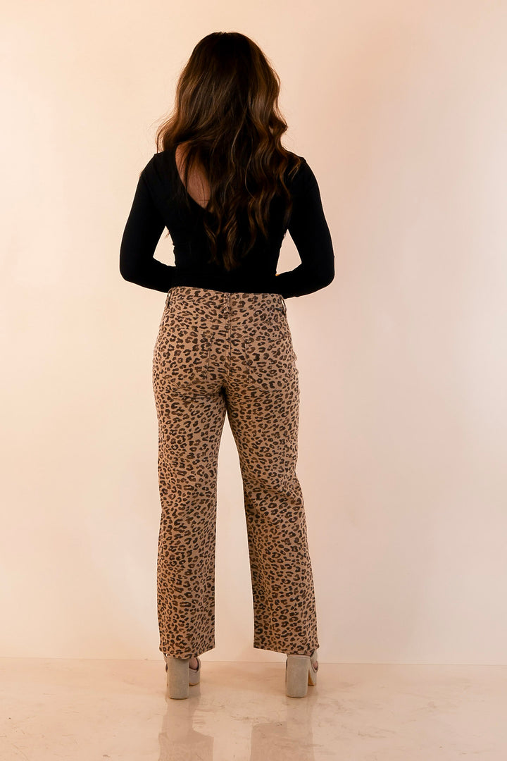 Risen | Effortlessly Wild Leopard Print Cropped Slim Straight Jeans in Camel Brown