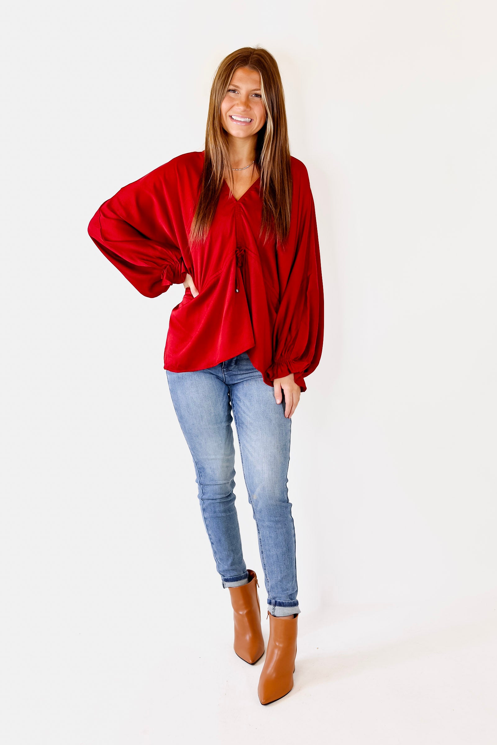 Stating Facts Satin Top with Drawstring Waist in Dark Red - Giddy Up Glamour Boutique