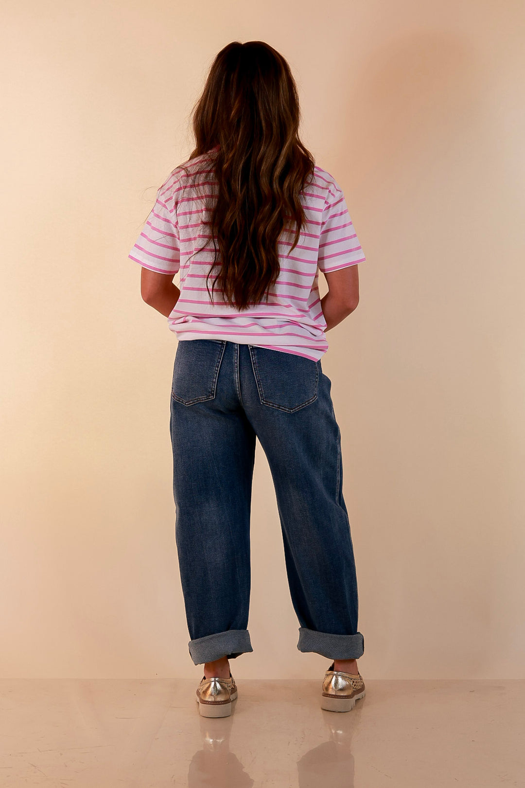 The Daily Stripe Scoop Neck Short Sleeve Striped Tee Top in Lilac Pink