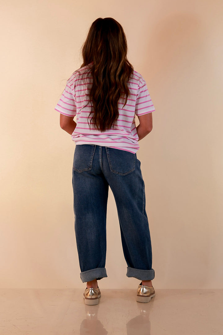 The Daily Stripe Scoop Neck Short Sleeve Striped Tee Top in Lilac Pink