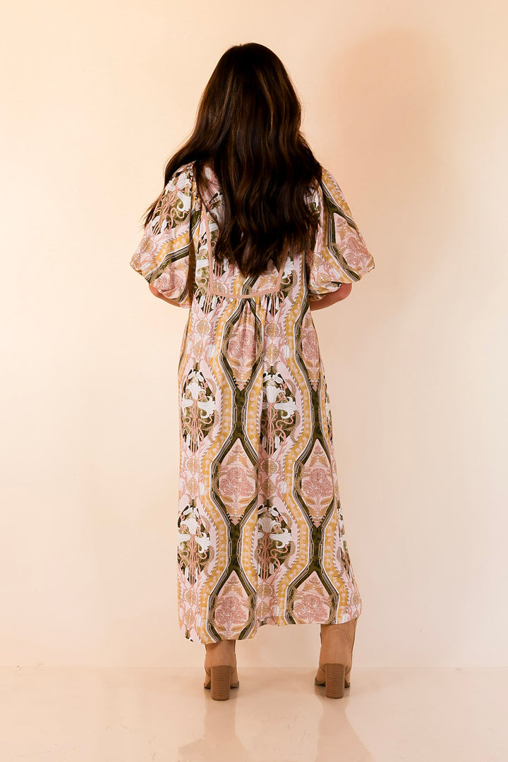 Whimsical Wonder Floral Abstract Print Collared Midi Dress in Pink and Olive Green Mix