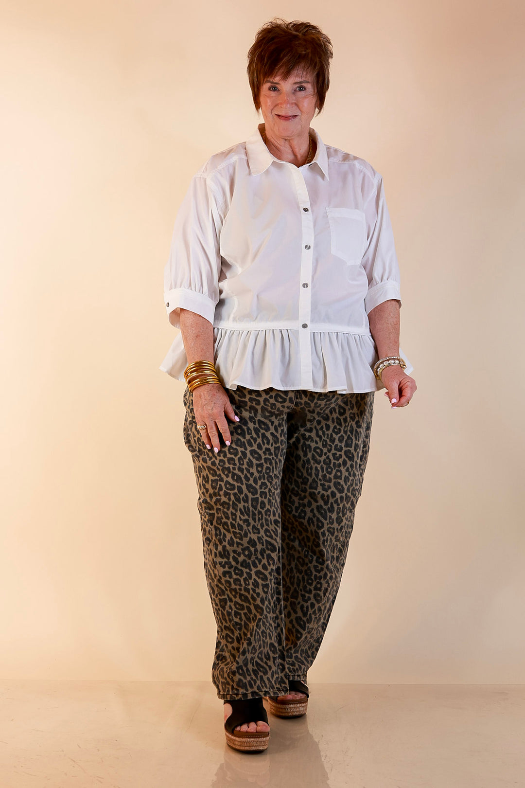 Style Agenda Solid Button Down Peplum Top in White