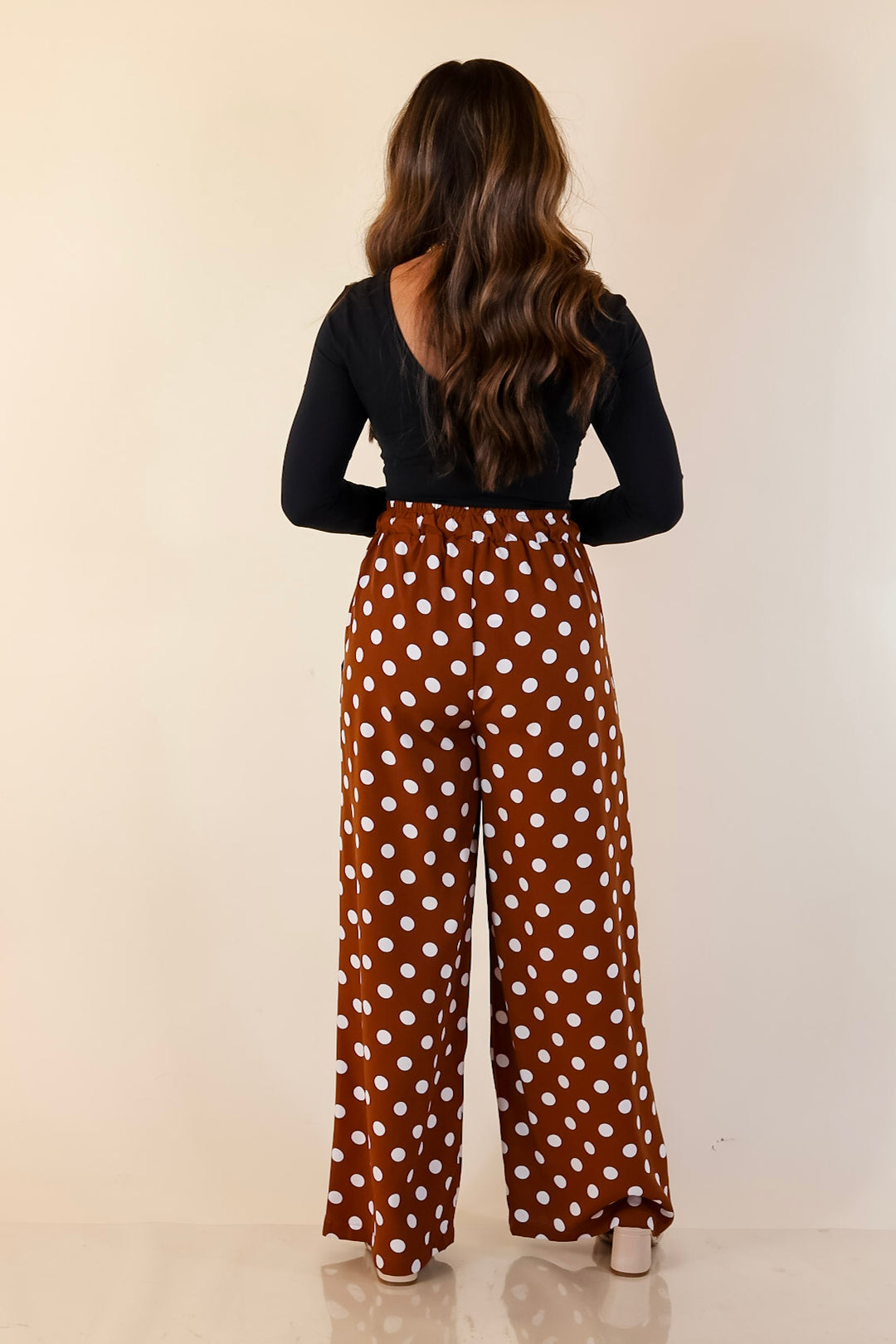 Pairs Well with Others Polka Dot Print Drawstring Pants with Elastic Waistband in Brown