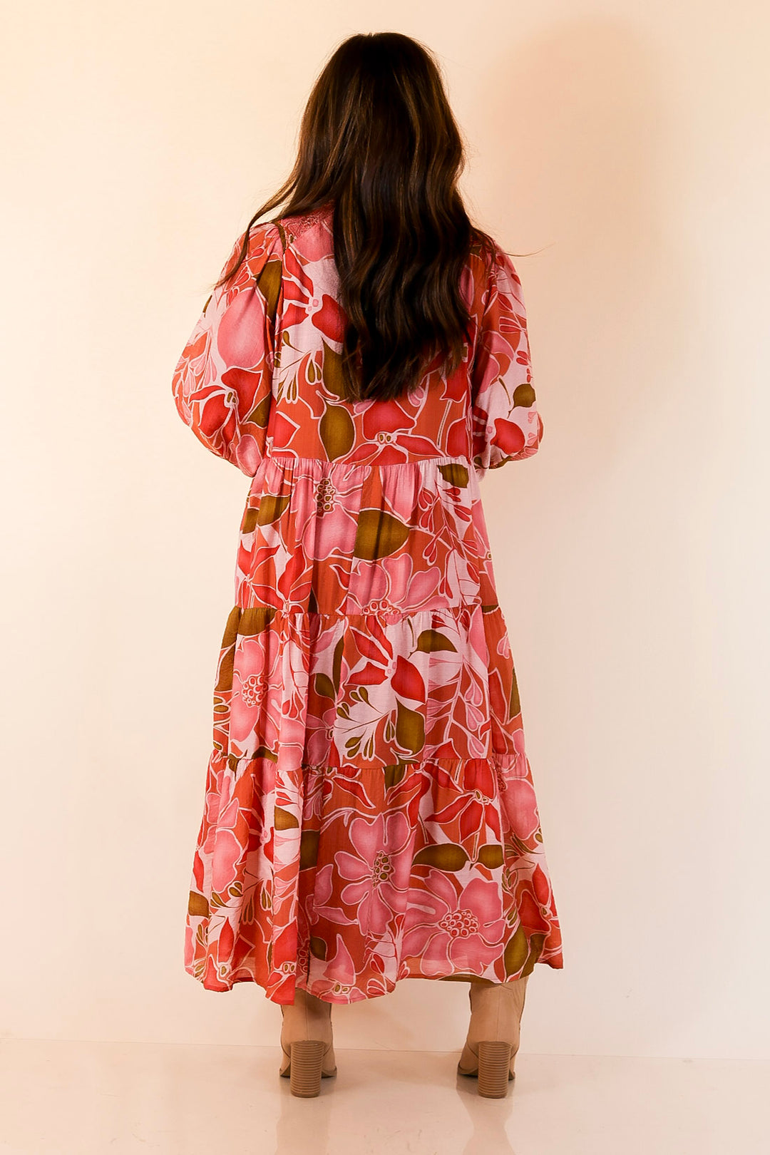 Budding Beauty Floral Print Midi Dress in Pink and Olive Green Mix