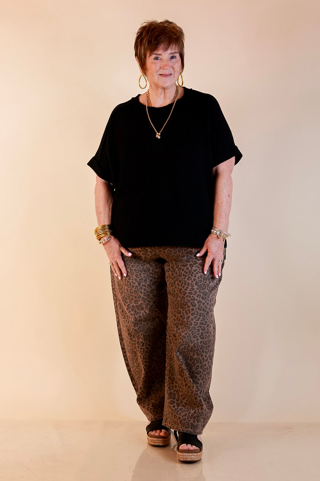 Risen | Easy Statement Leopard Print Drawstring Denim Barrel Jeans in Brown