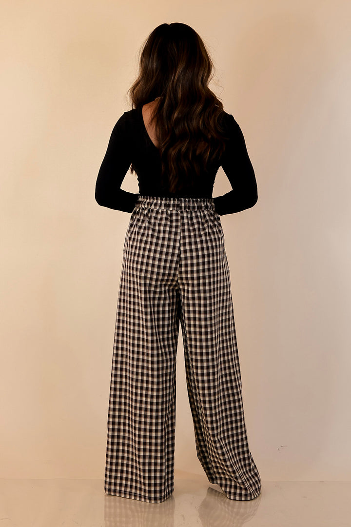 Pairs Well with Others Plaid Checkered Print Drawstring Pants with Elastic Waistband in Ivory