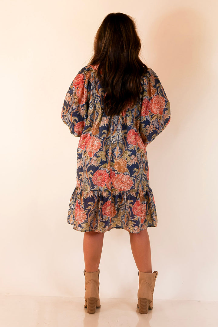 Blooming Days Ahead Floral Print V Neck Dress with Ruffle Trim Collar in Navy Mix