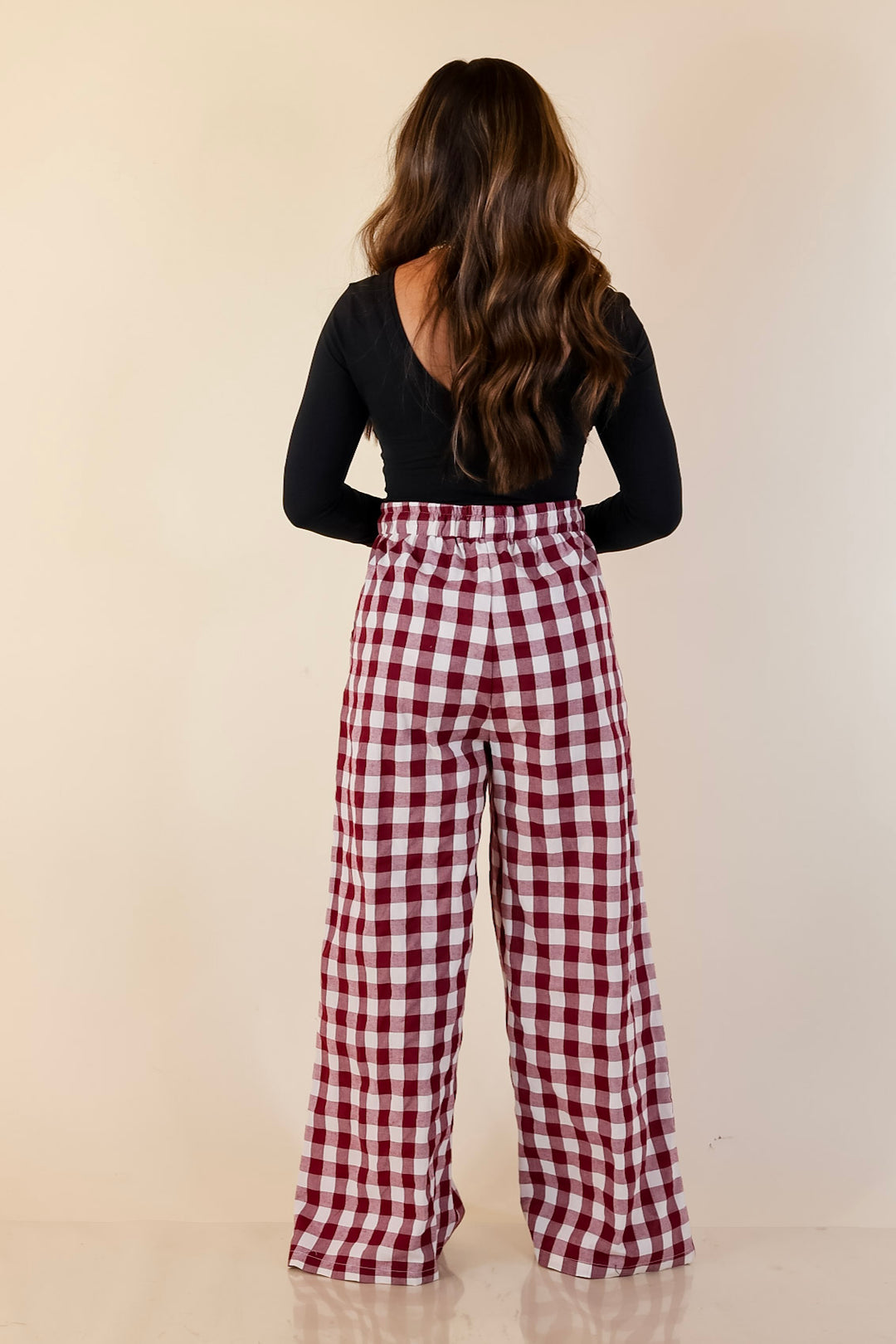 Pairs Well with Others Gingham Print Drawstring Pants with Elastic Waistband in Ivory and Maroon