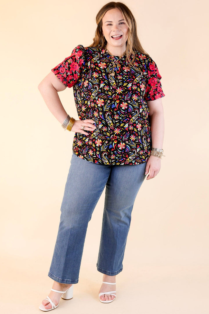 Vivid Vibes Multicolor Patterned Top with Short Puff Sleeves in Black